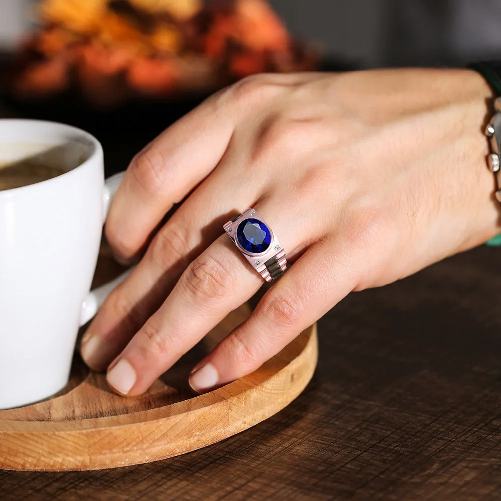 Male Graduating Ring 12x10 mm Blue Sapphire and Natural Diamonds SOLID 10K Gold Band