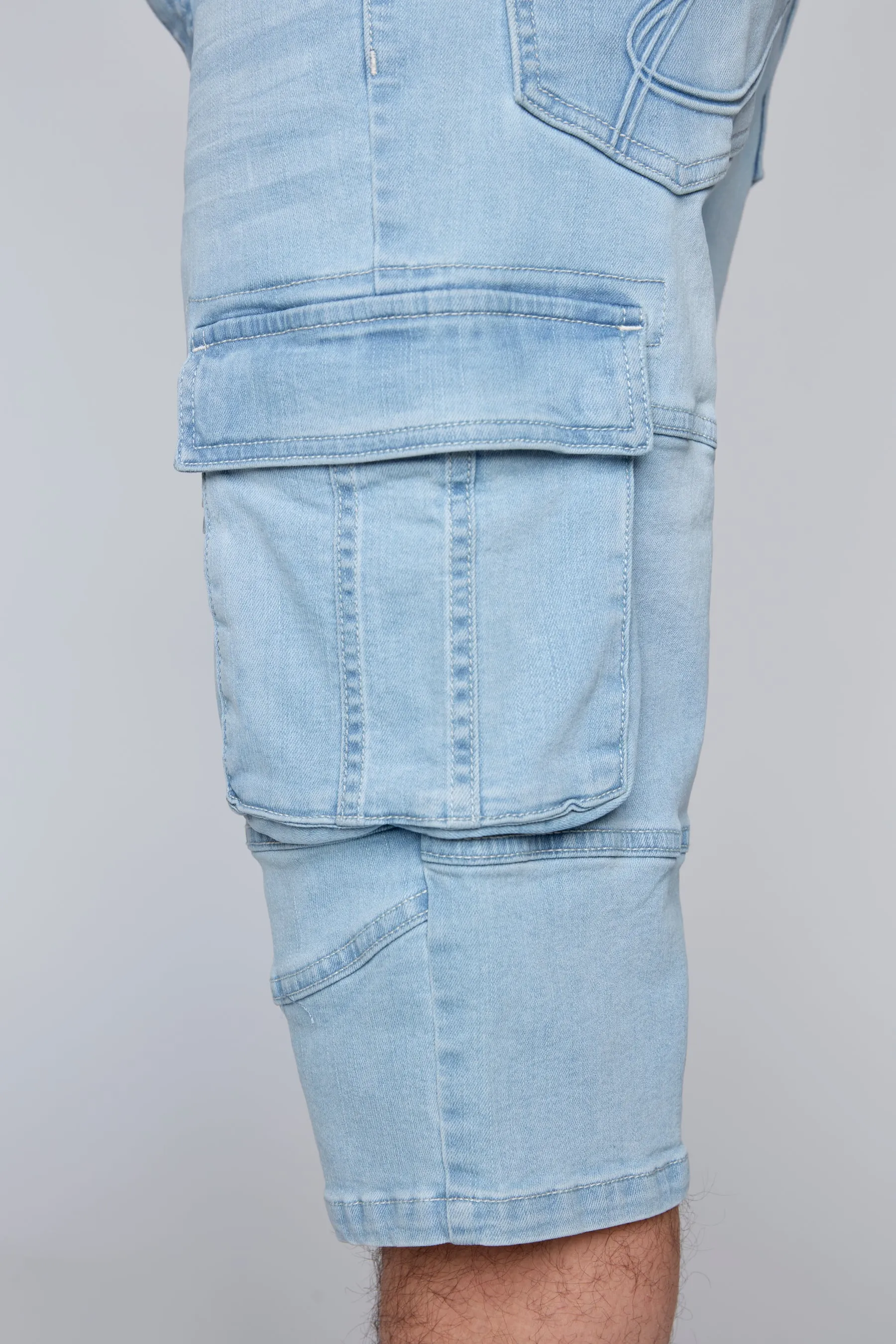 Men's 5-Pocket Denim Moto Cargo Capri Shorts - Blue Bleach