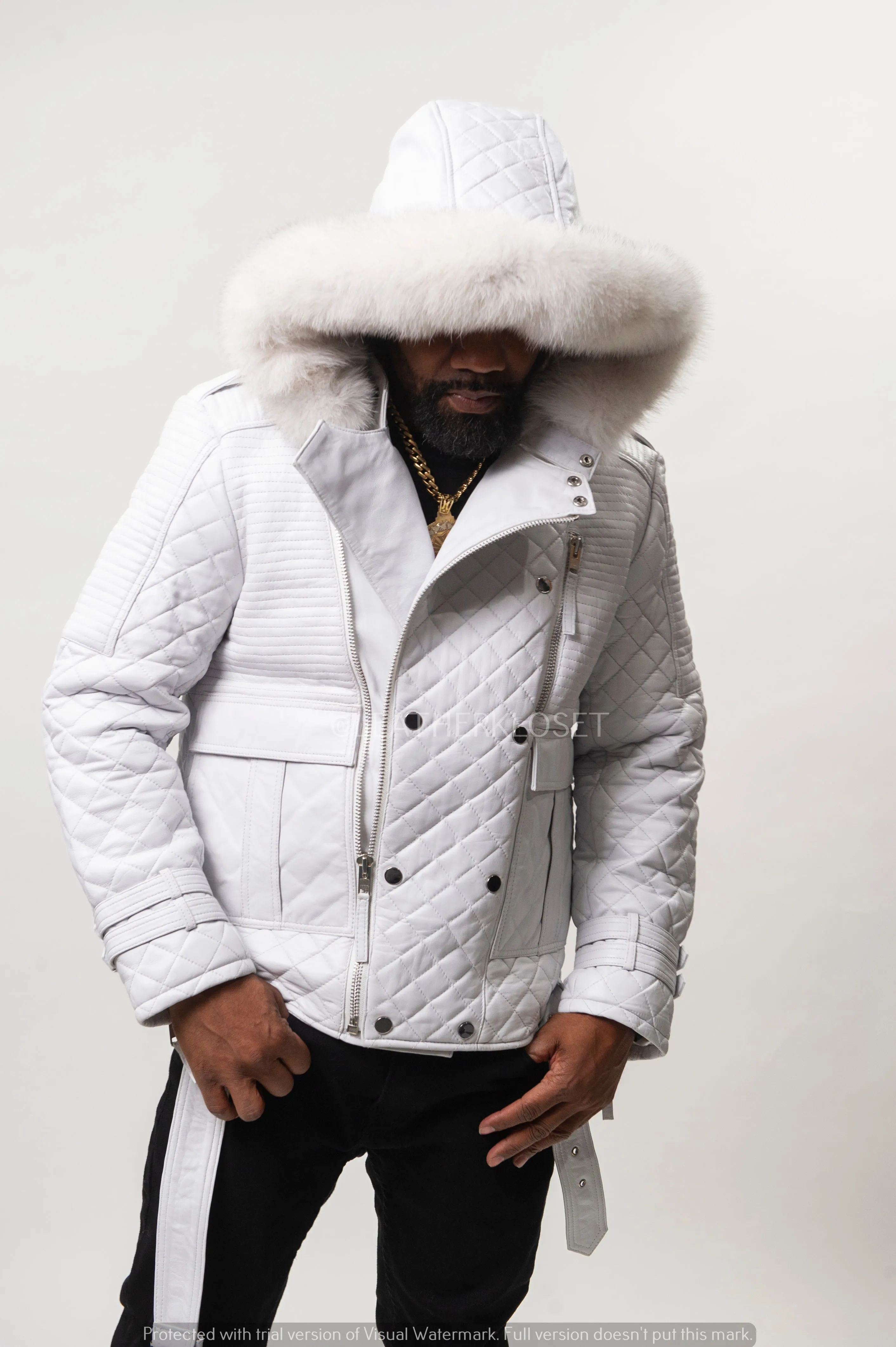 Men's Billy Leather Biker Hoodie With Fur Hood [White]