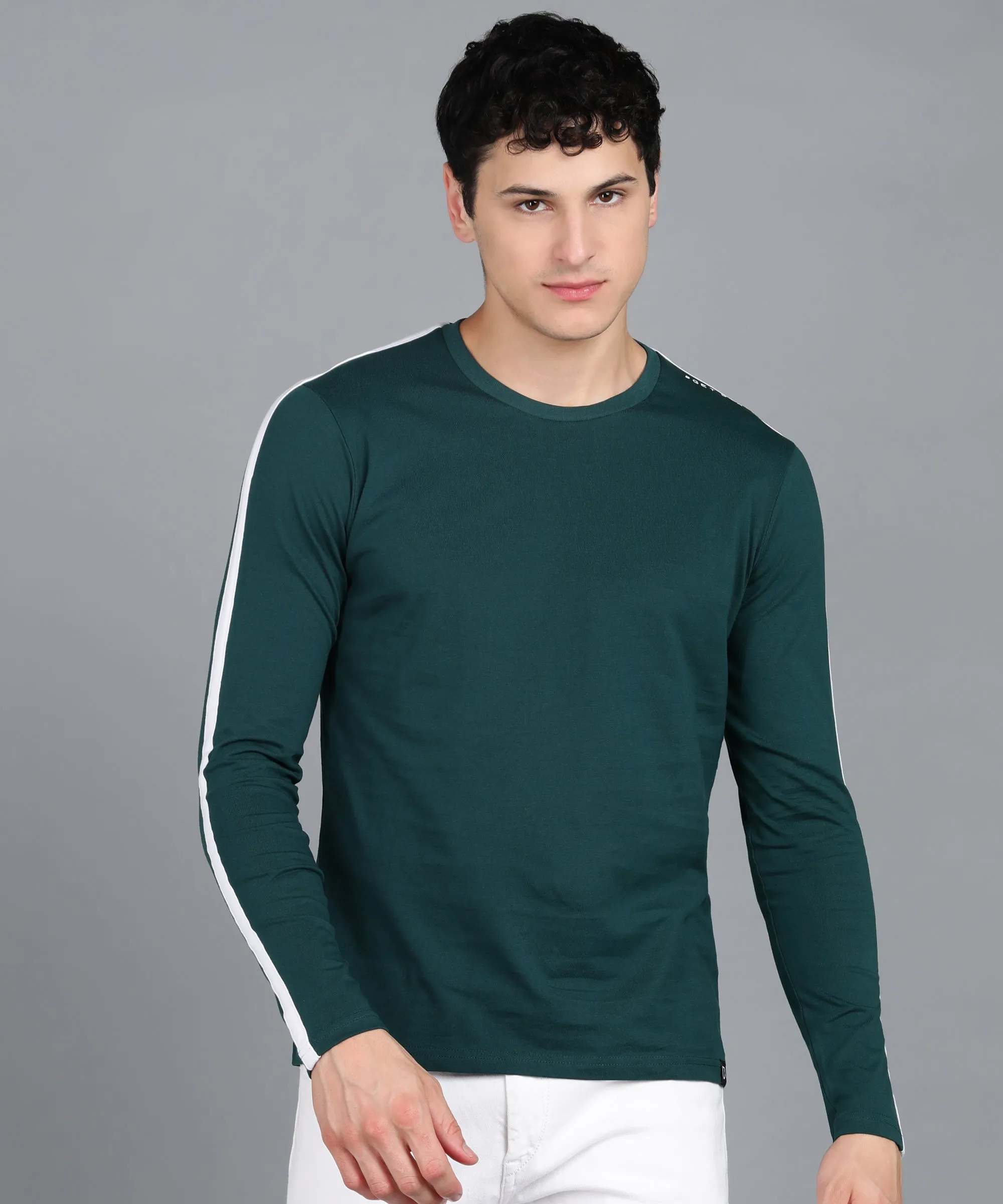 Men's Color-Block Green Round Neck Full Sleeve Slim Fit Cotton T-Shirt