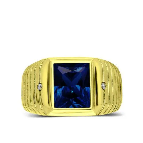 Men's Solid 18K Yellow Gold Blue Sapphire Ring 0.04ct Diamonds Fine Ring