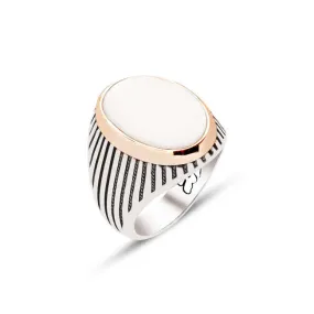 Mother of Pearl Stone Small Ellipse Silver Men’s Ring Siding Striped Pattern