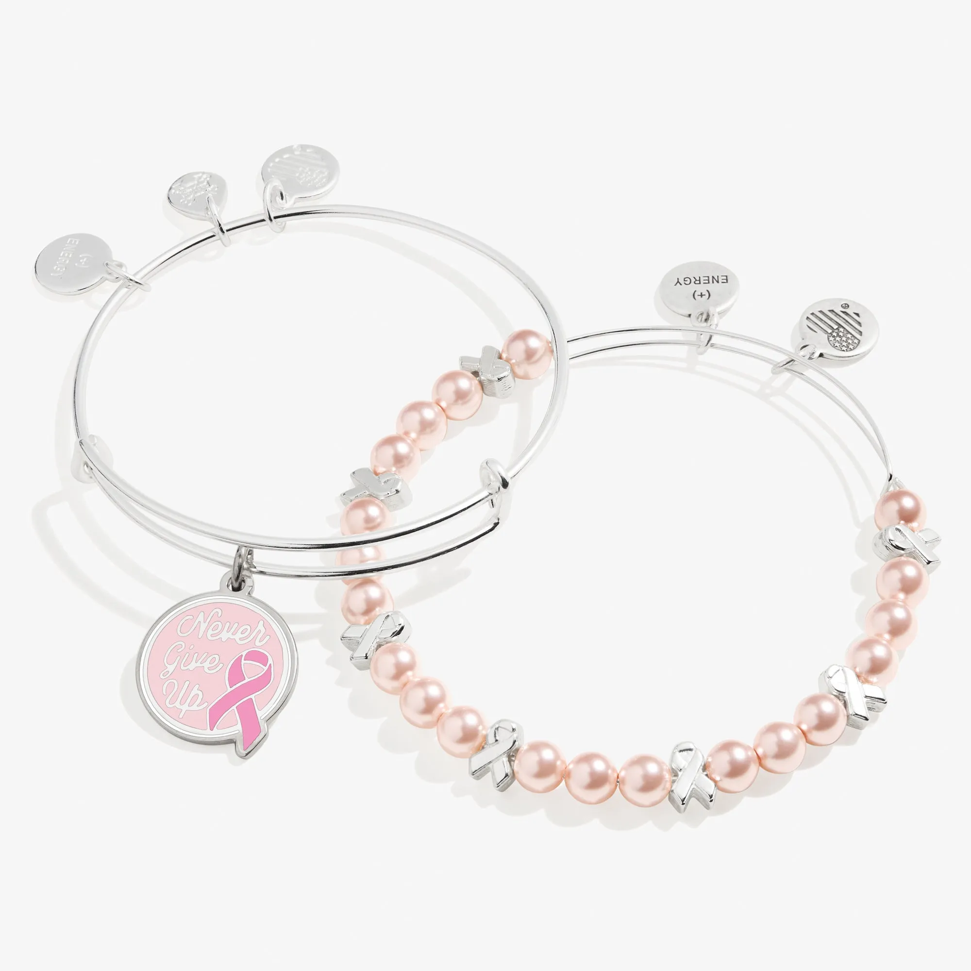 'Never Give Up' Breast Cancer Awareness Charm Bangles, Set of 2