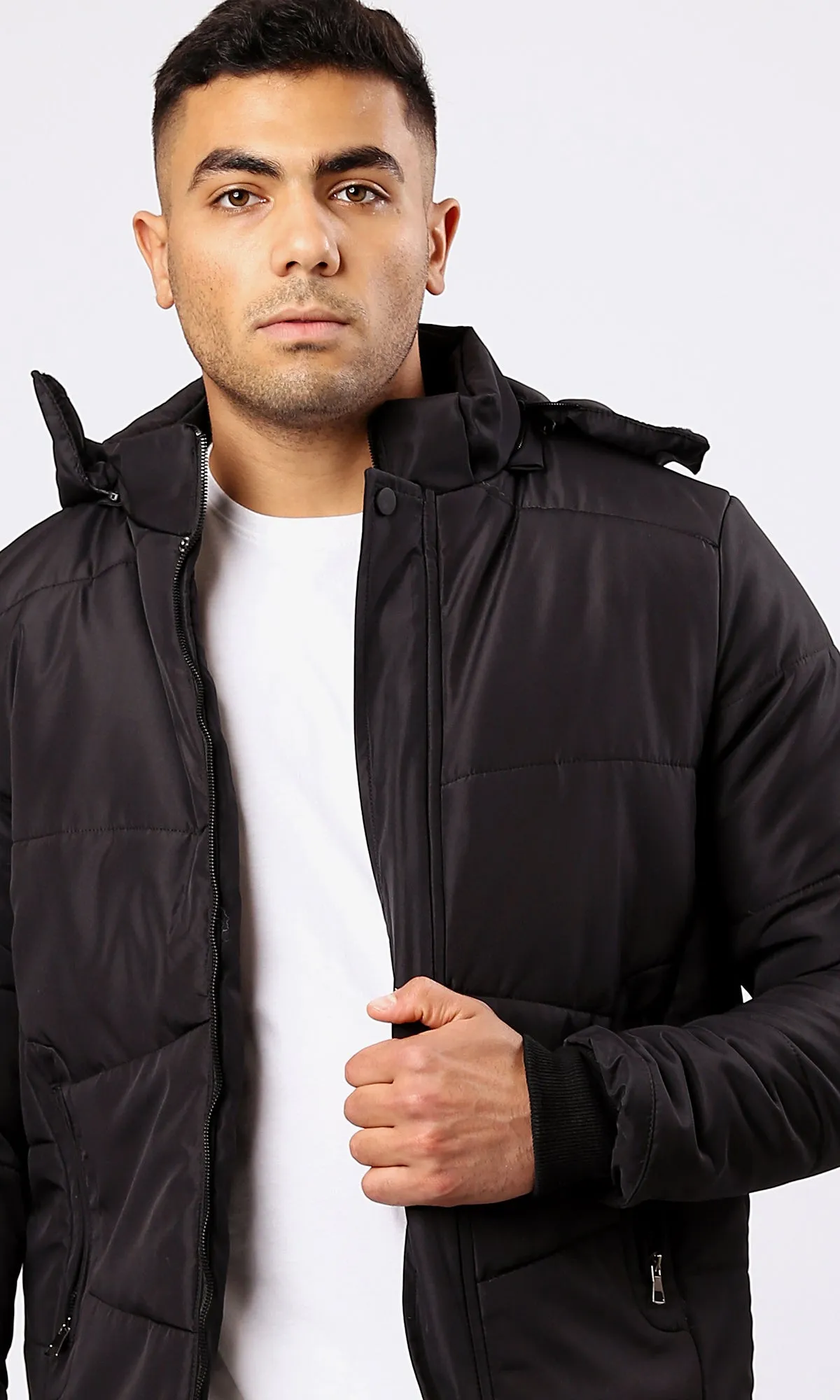 O181762 Black Puffer Jacket With Side Zipped Jacket