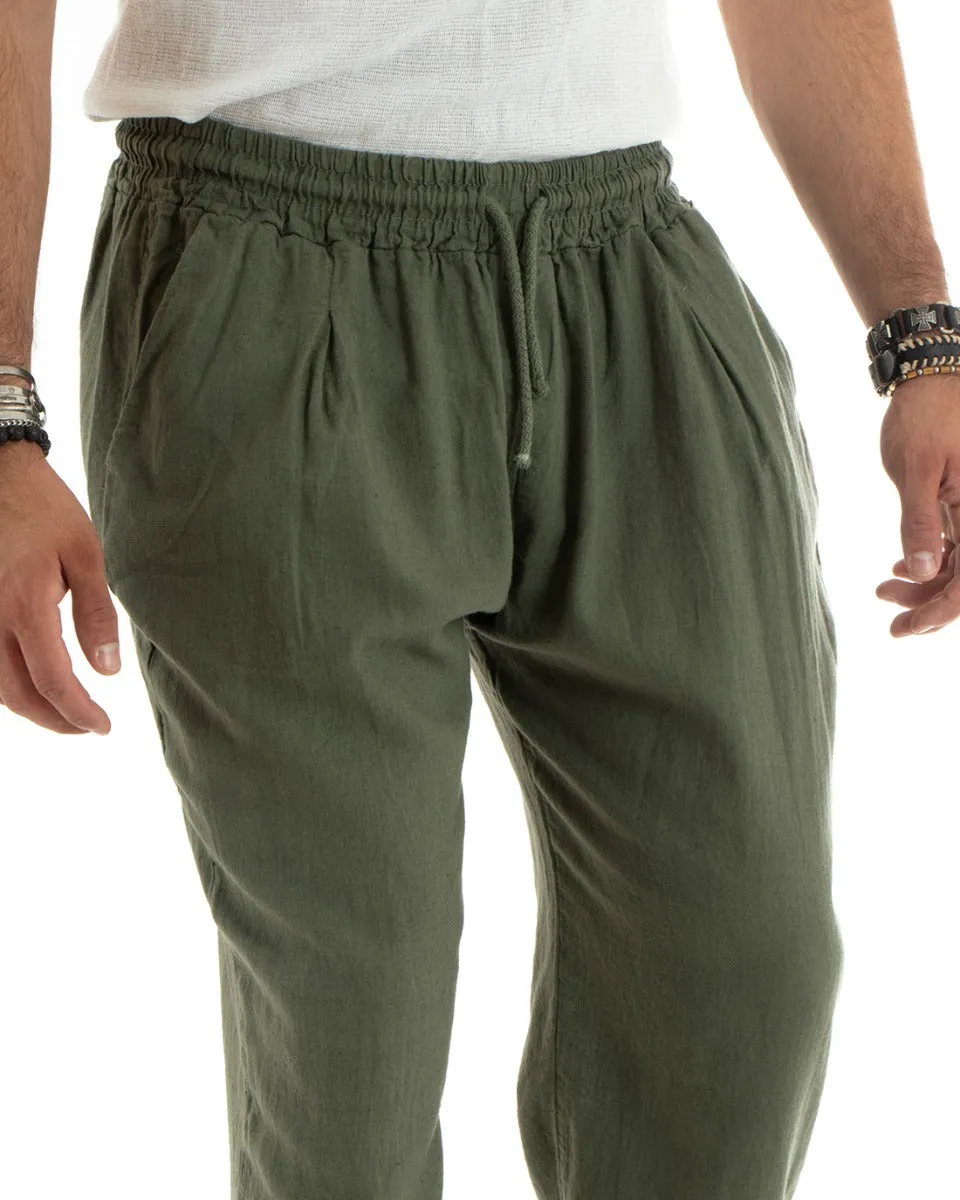 Pantaloni Uomo Lino Pantalaccio Lungo Elastico Wide Leg Tinta Unita Verde Casual GIOSAL-P5825A