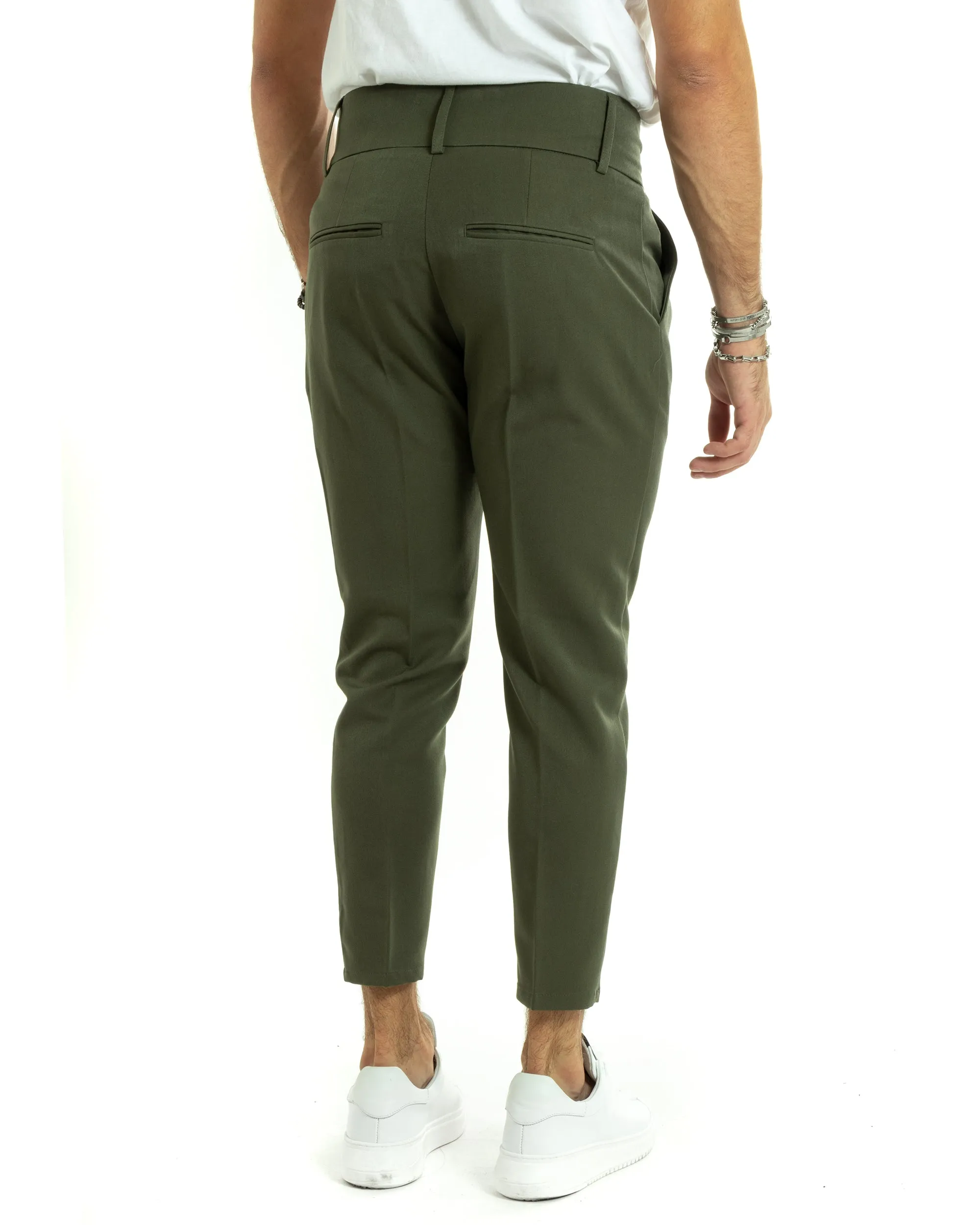 Pantaloni Uomo Viscosa Tasca America Vita Alta Classico Pinces Abbottonatura Allungata Casual Verde Militare GIOSAL-P5986A