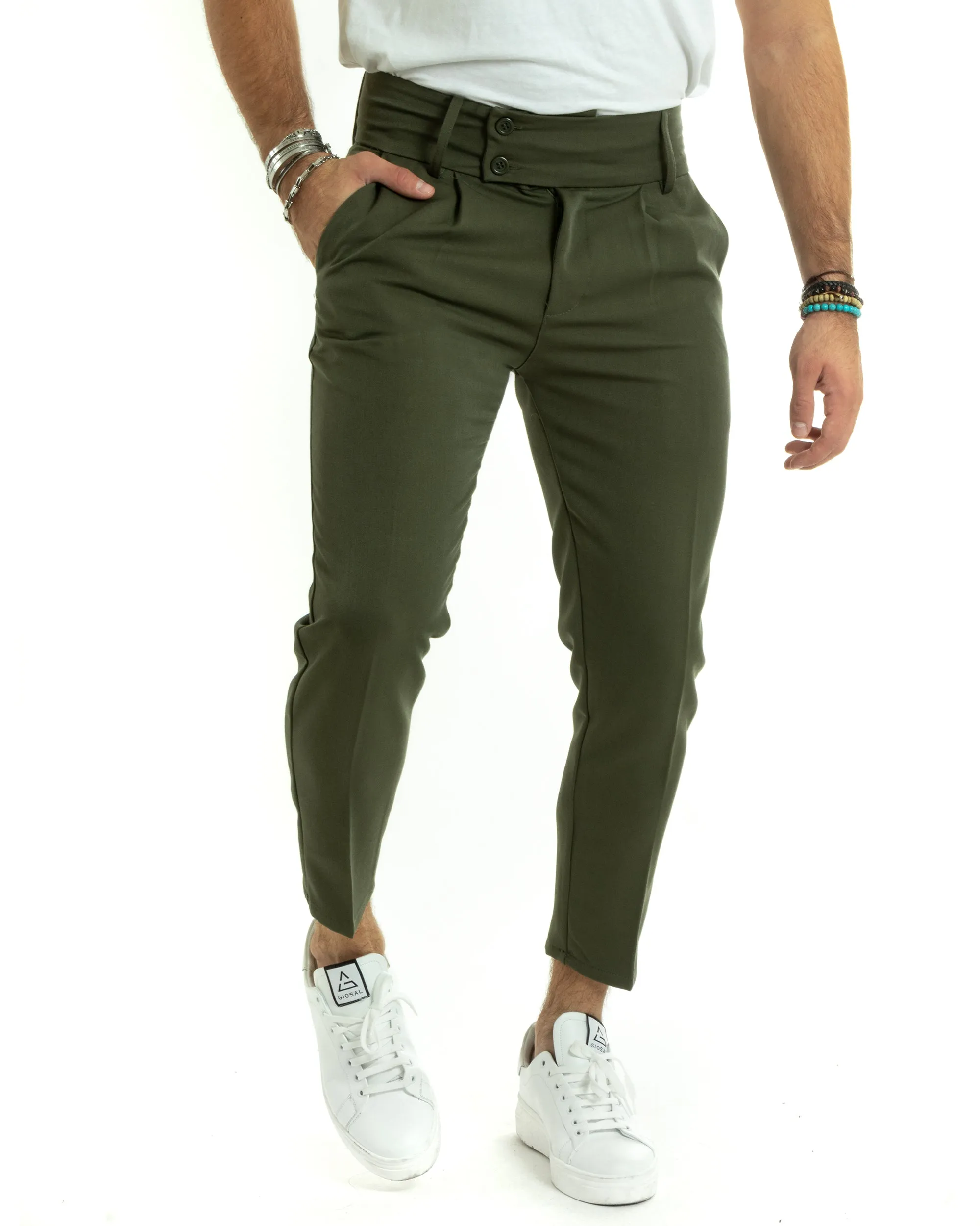 Pantaloni Uomo Viscosa Tasca America Vita Alta Classico Pinces Abbottonatura Allungata Casual Verde Militare GIOSAL-P5986A