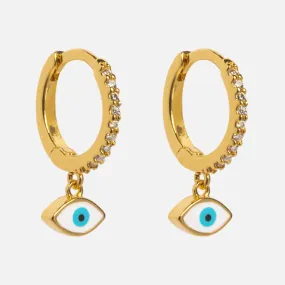 Pave CZ Evil Eye Charm Huggie Hoop Earrings