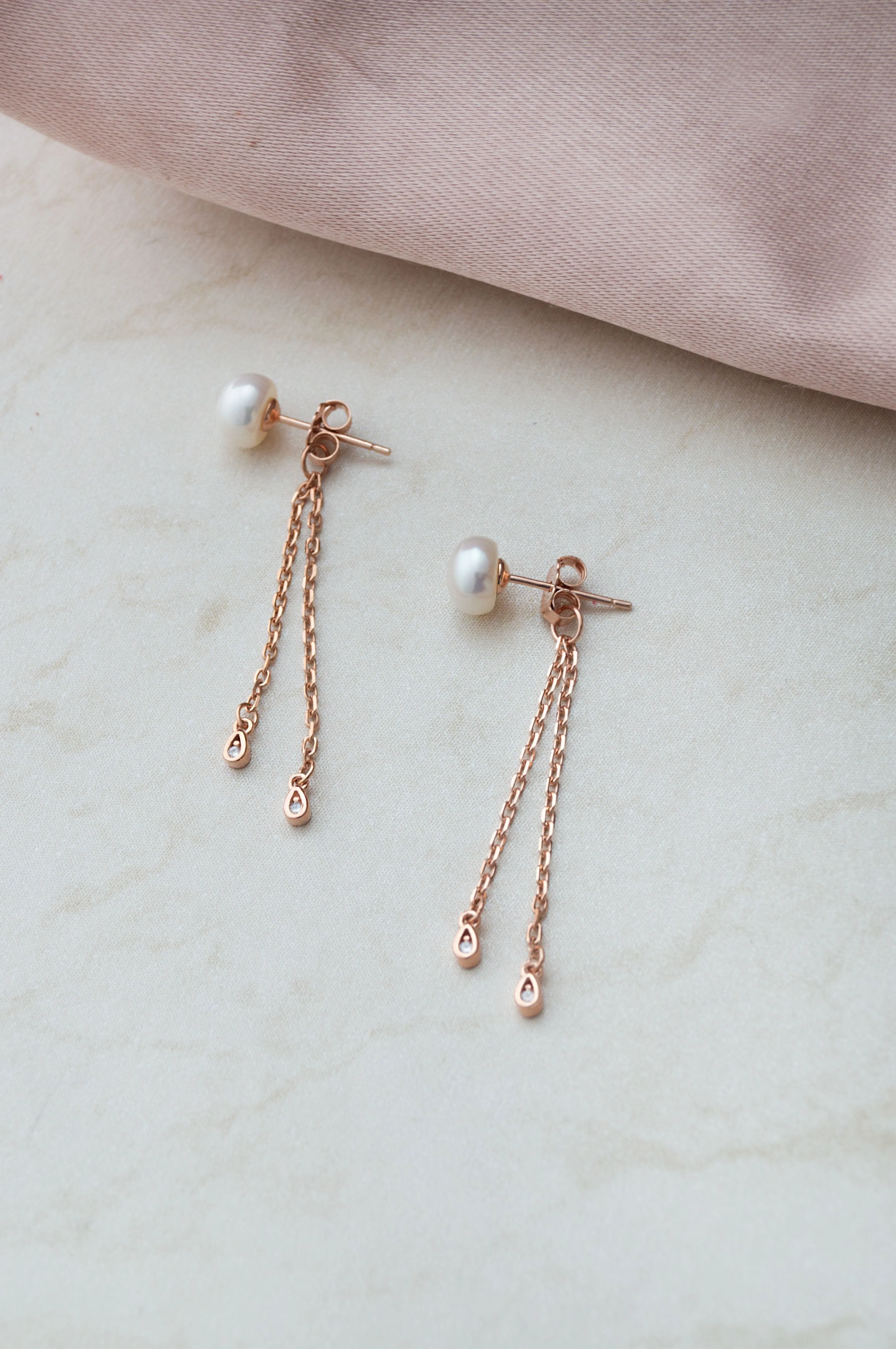 Pearly Chains Rose Gold Plated Sterling Silver Dangler Earrings