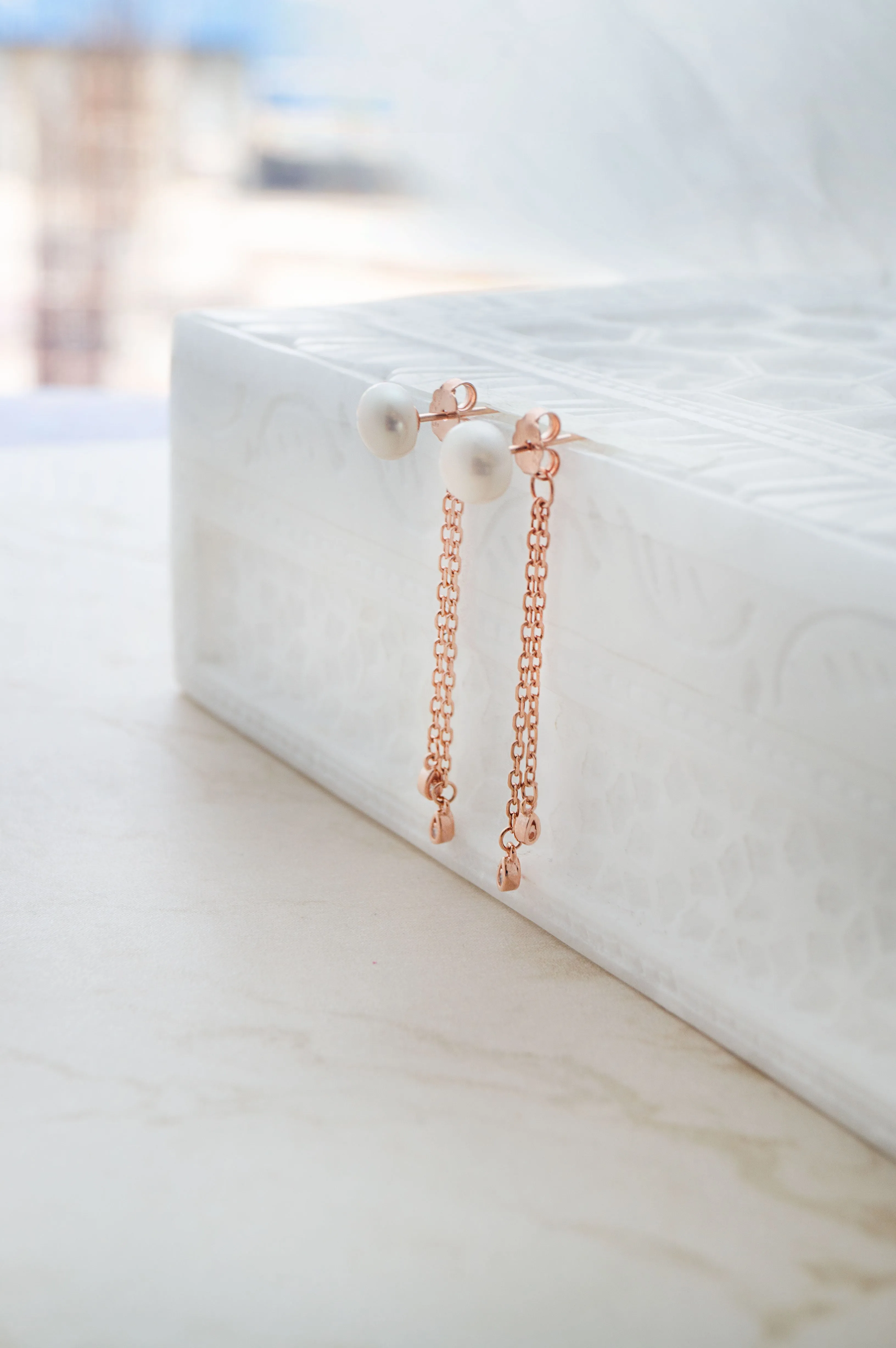 Pearly Chains Rose Gold Plated Sterling Silver Dangler Earrings