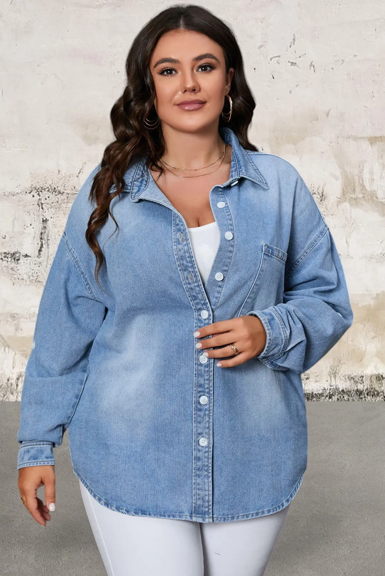 Plus Size Sky Blue Chest Pocket Button-Up Denim Shacket