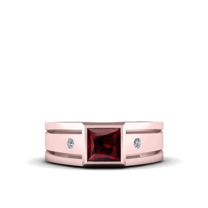 Red Pinky Ring with 2 Natural Diamonds in SOLID 14K Rose Gold Cancer Birthstone Modern Ring