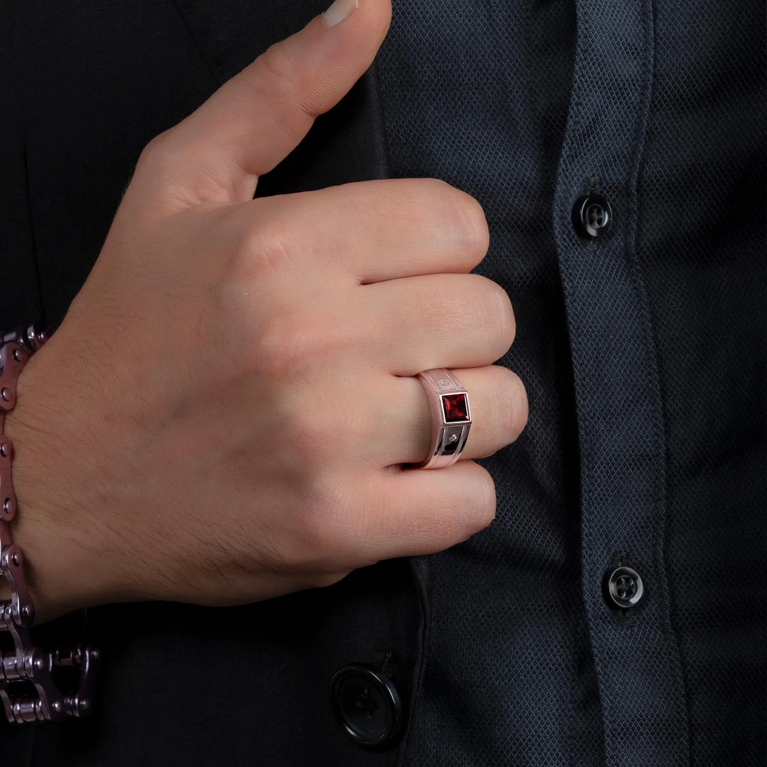 Red Pinky Ring with 2 Natural Diamonds in SOLID 14K Rose Gold Cancer Birthstone Modern Ring