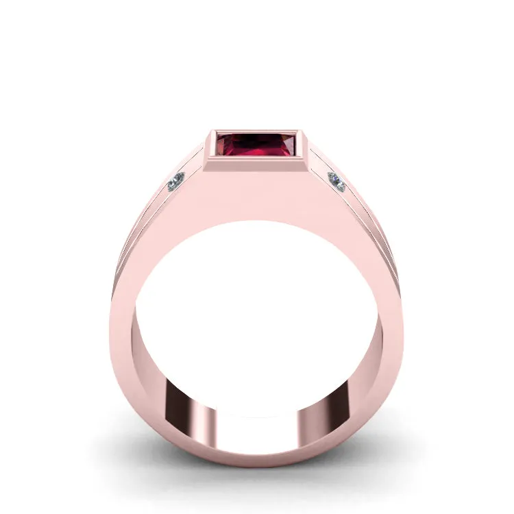 Red Pinky Ring with 2 Natural Diamonds in SOLID 14K Rose Gold Cancer Birthstone Modern Ring