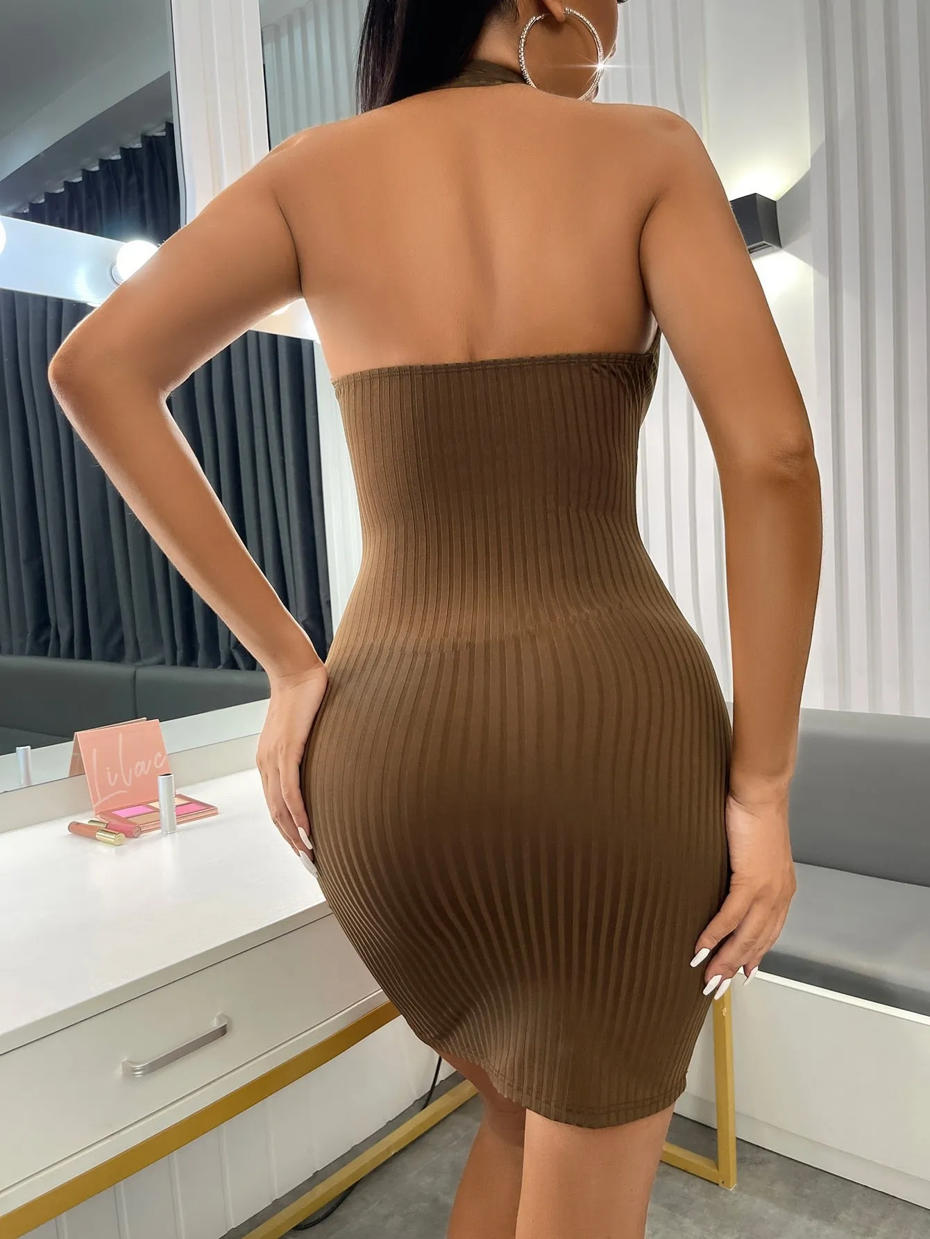 Ribbed Knit Backless Halter Bodycon Dress