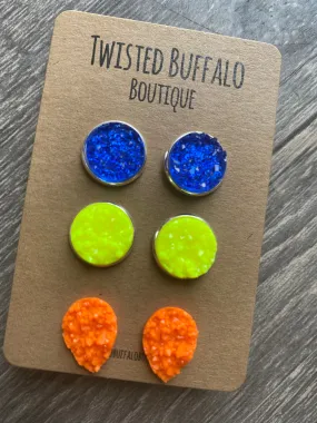 Rome {ROUND} Royal Blue, Neon Yellow   Orange Druzy 12mm Earrings Set