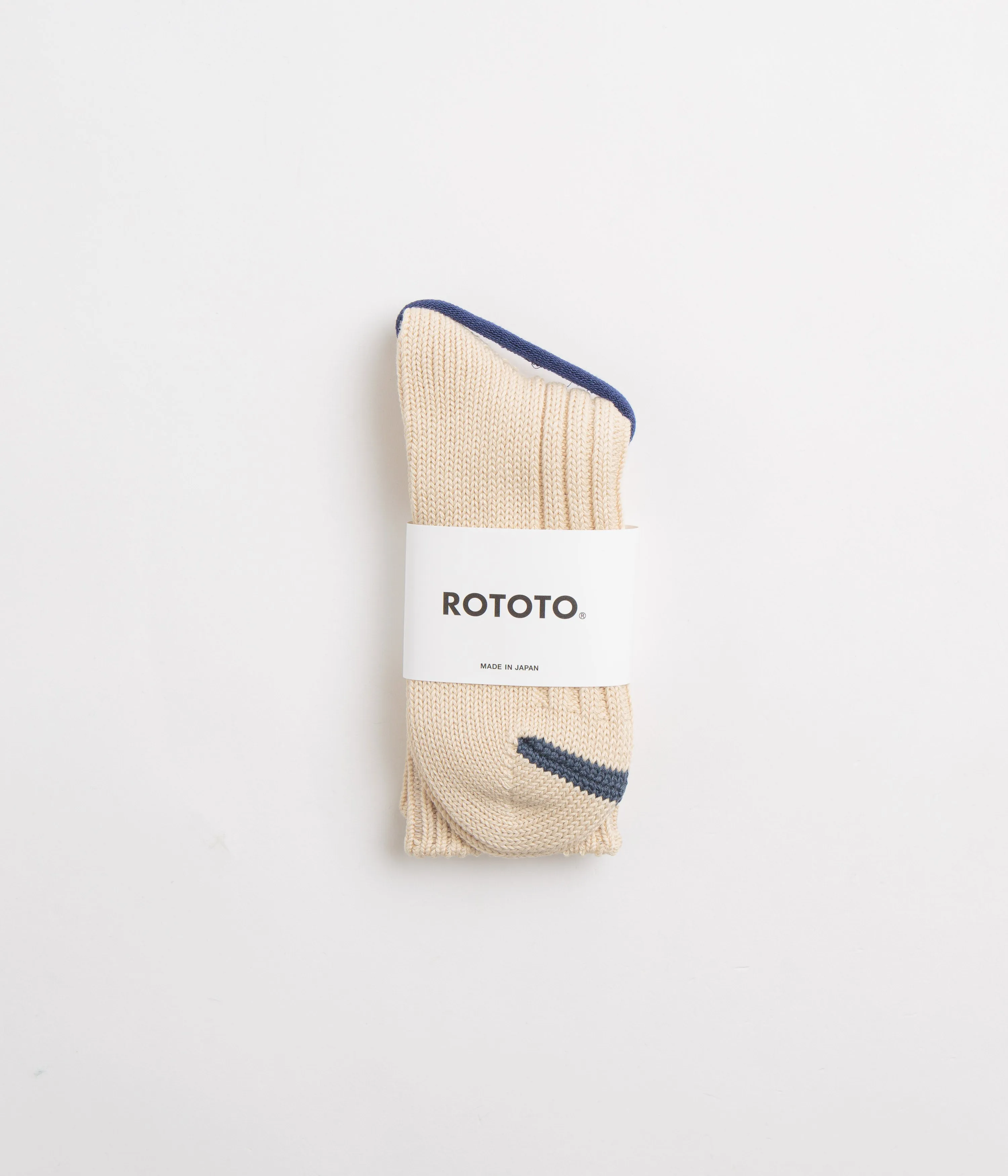 RoToTo Chunky Ribbed Crew Socks - Raw Beige / Dark Blue