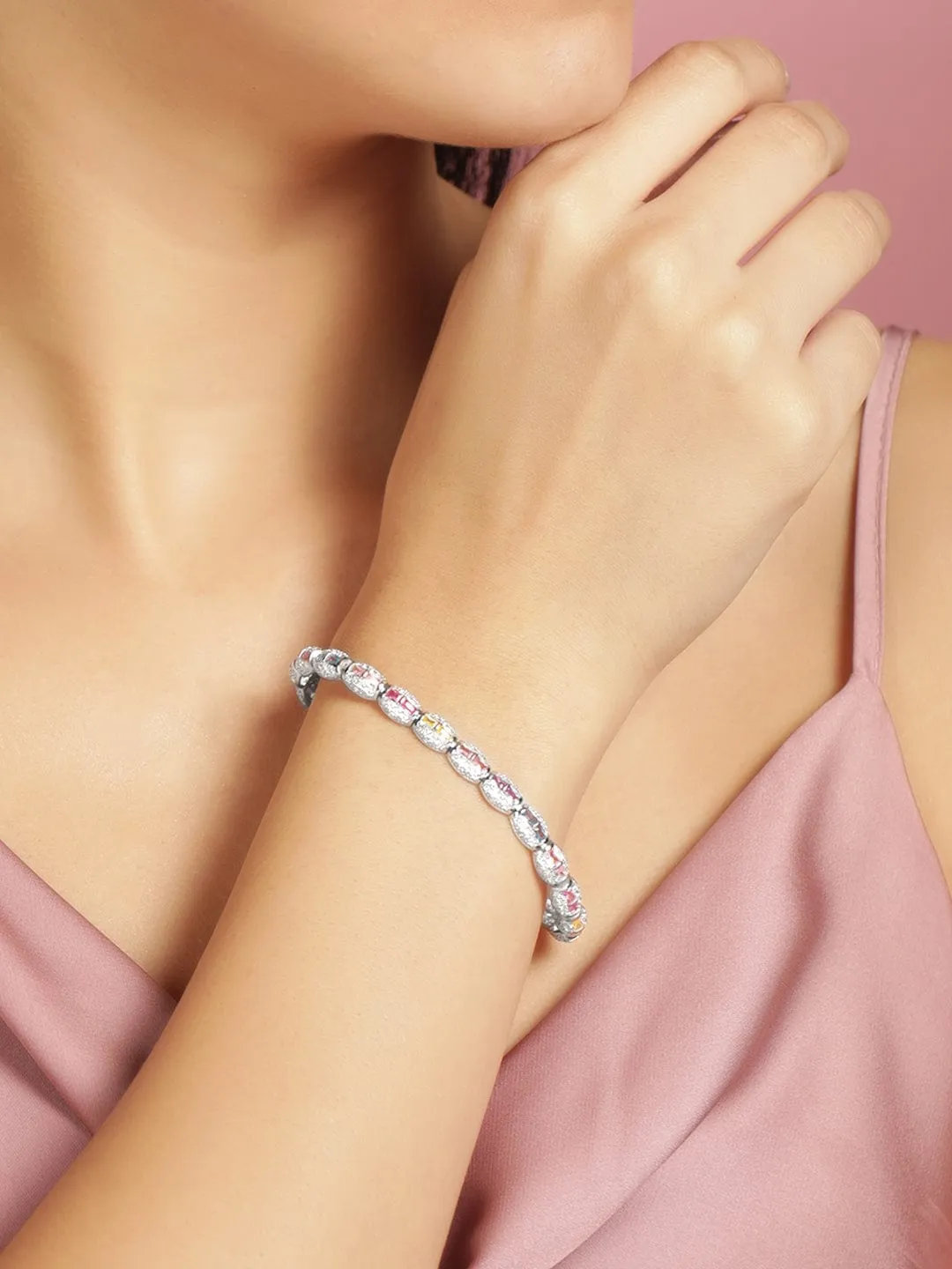 Rubans 925 Silver Rhodium plated 925 Sterling Silver Pastel & White Pave Zirconia Studded Luxury Bracelet