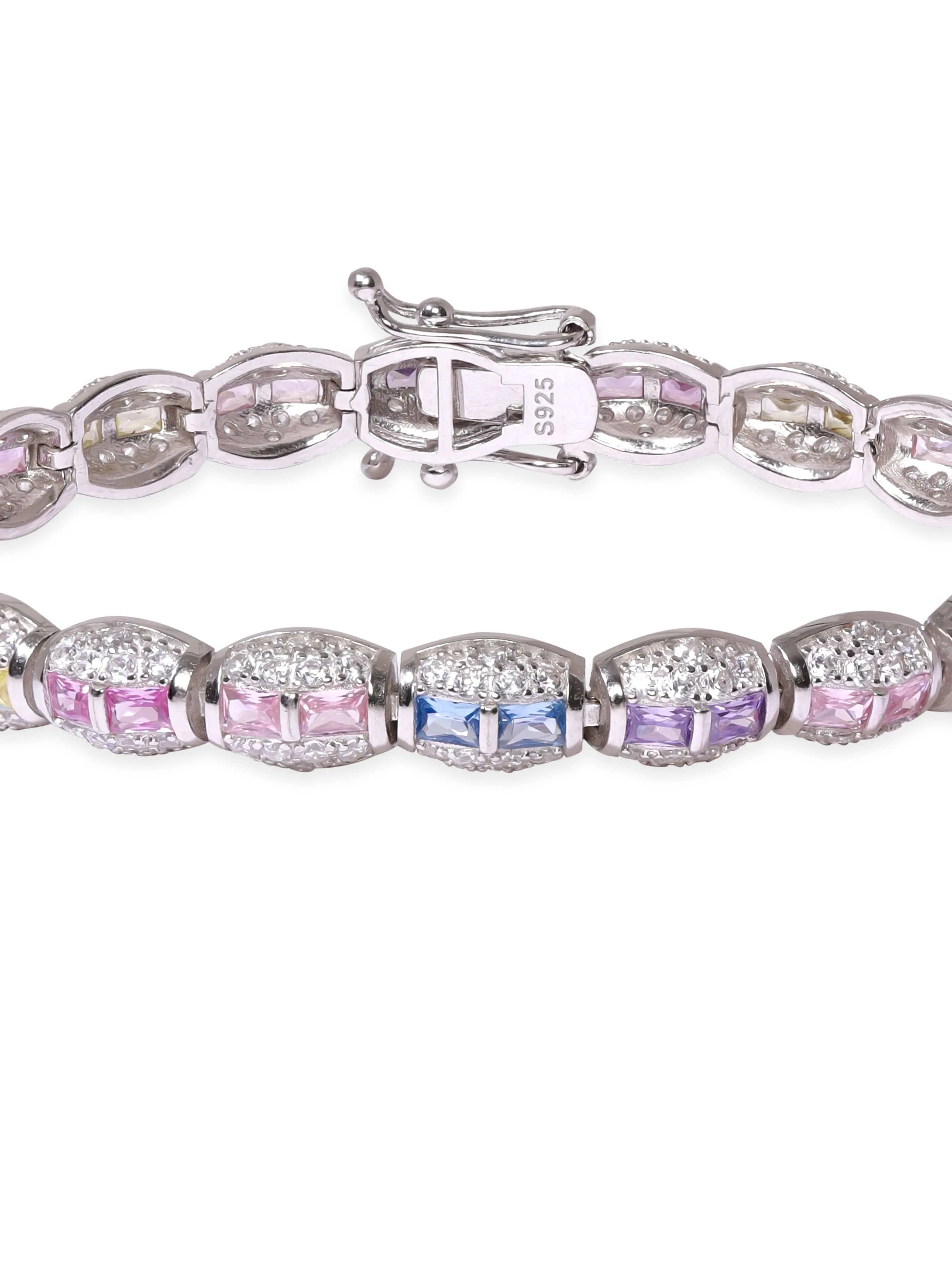 Rubans 925 Silver Rhodium plated 925 Sterling Silver Pastel & White Pave Zirconia Studded Luxury Bracelet