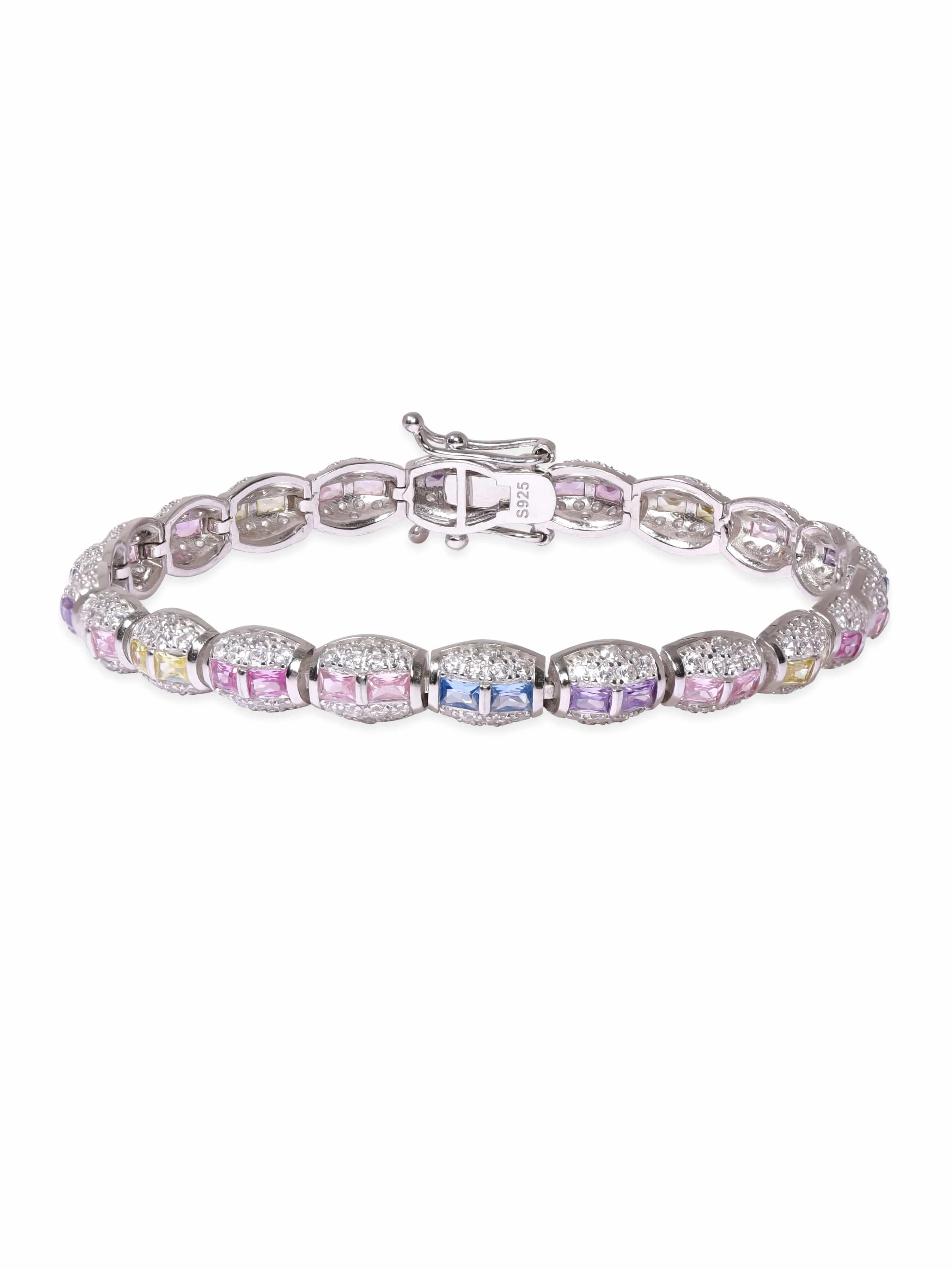 Rubans 925 Silver Rhodium plated 925 Sterling Silver Pastel & White Pave Zirconia Studded Luxury Bracelet