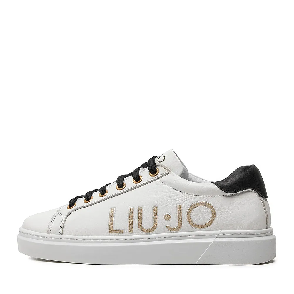 Scarpe LIU JO Iris 11 Sneakers in Pelle Bianca con Maxi Logo Glitter Oro