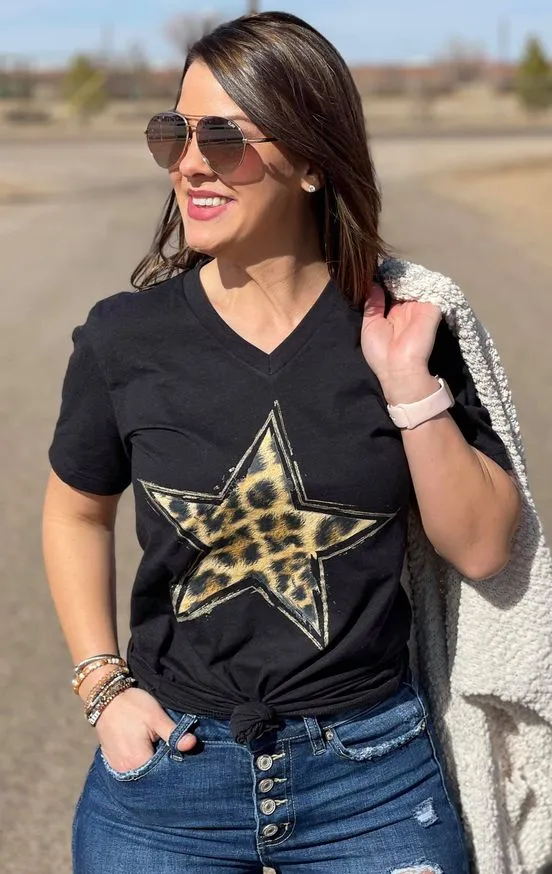 {SHOOTING STAR} Distressed Leopard Star Black V-Neck Tee