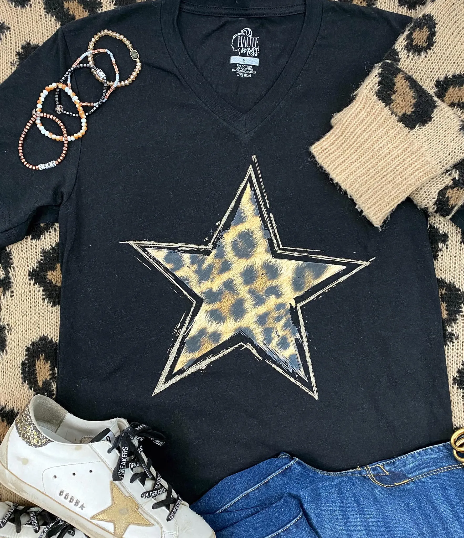 {SHOOTING STAR} Distressed Leopard Star Black V-Neck Tee