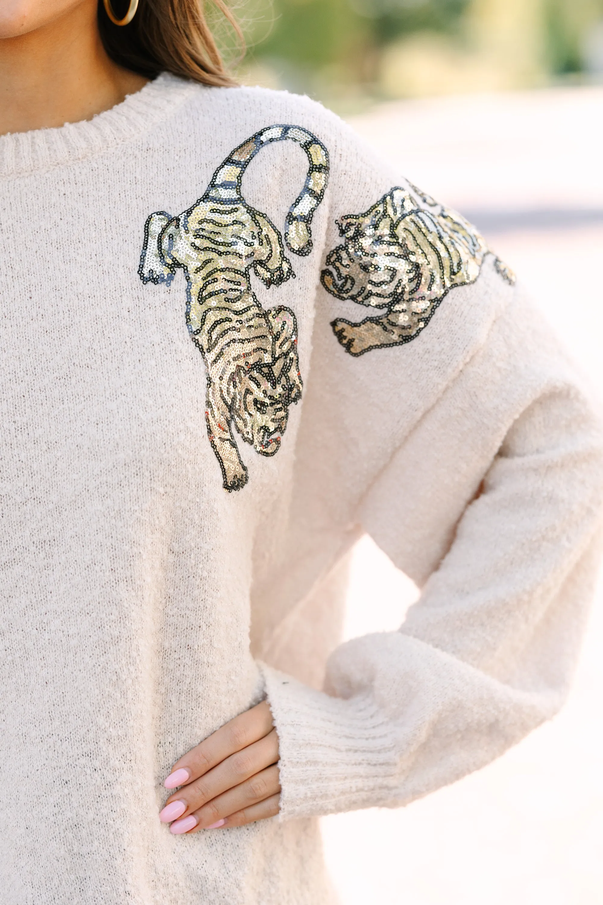 So Much To Love Oatmeal Brown Sequin Tiger Sweater