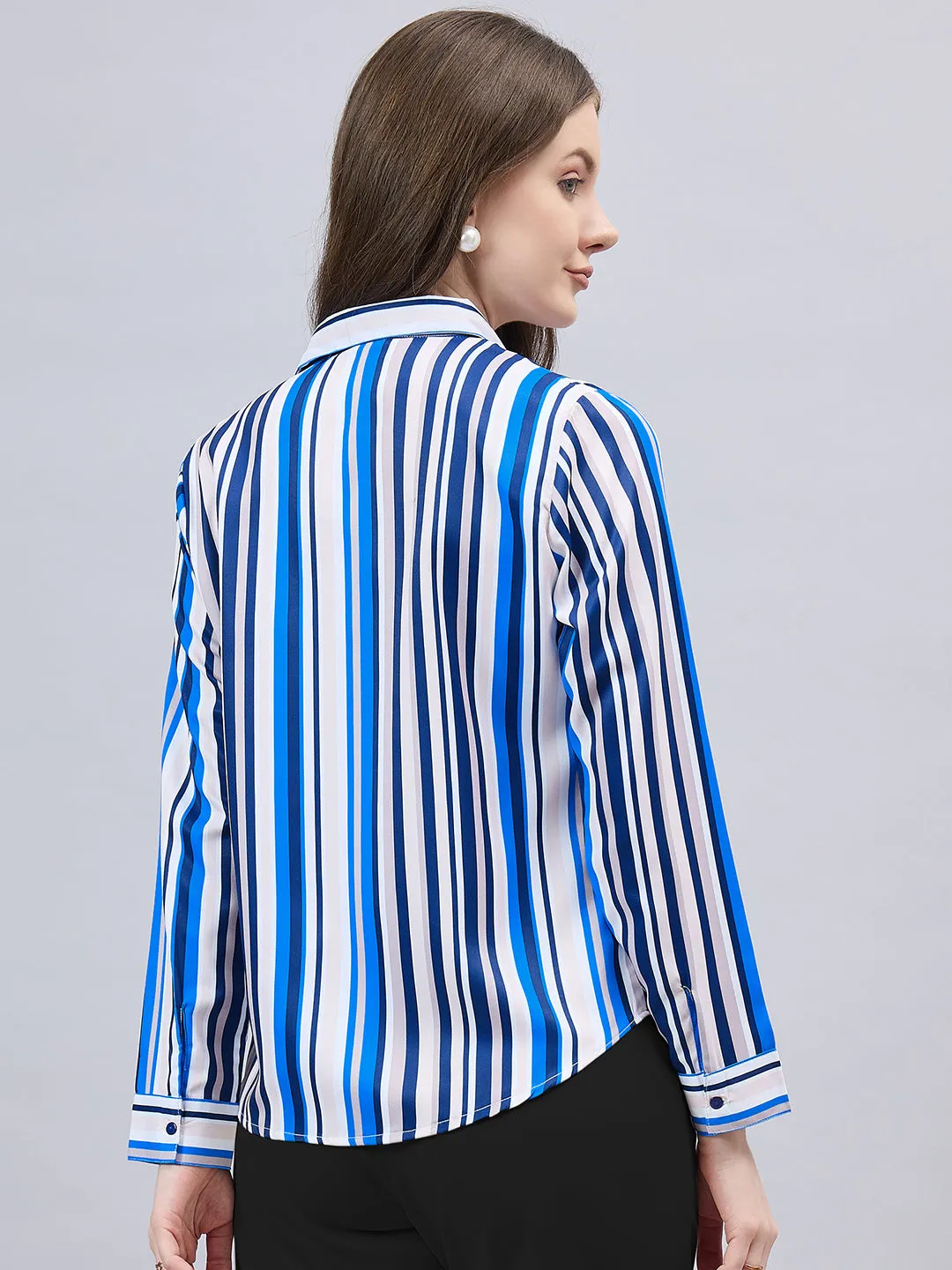 Style Quotient Women Blue And Multi Stripe Printed Polyester Regular Fit Formal Shirt