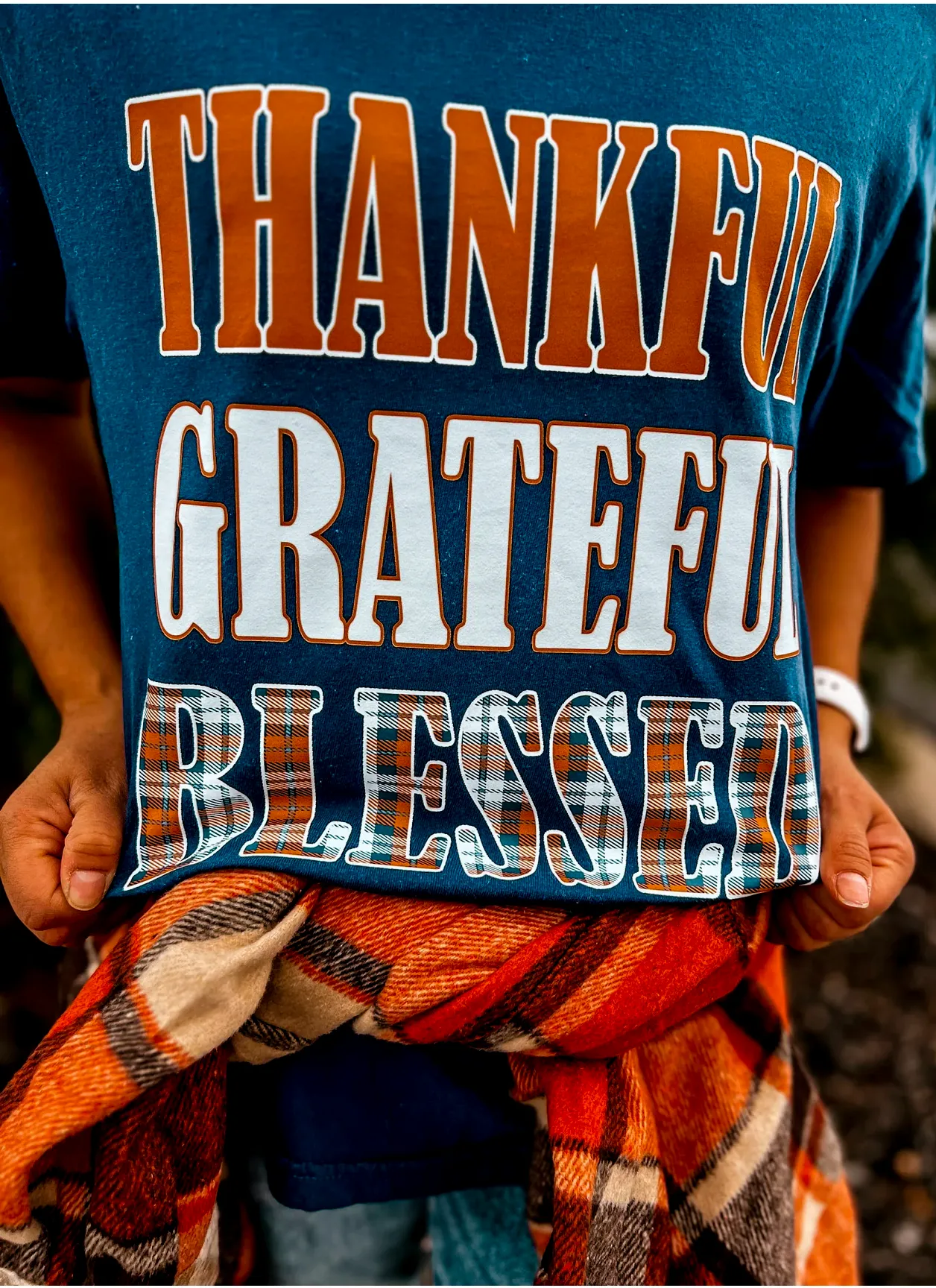 {THANKFUL GRATEFUL BLESSED} Plaid Navy Crew Neck Tee