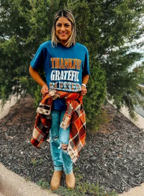 {THANKFUL GRATEFUL BLESSED} Plaid Navy Crew Neck Tee