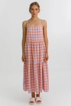 The Ziggy Peach Party Check Strappy Maxi Tiered Dress